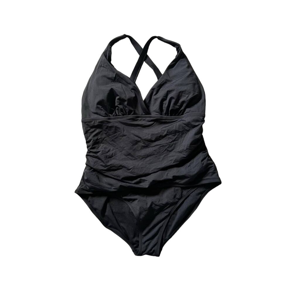 Wowease black magnetic snap easy on criss cross back one piece swimsuit sz 12